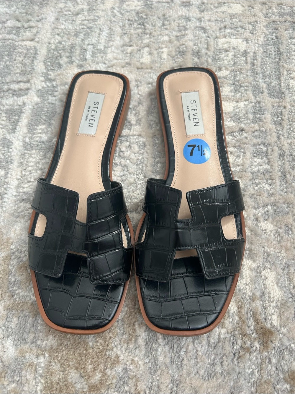 Steven New York Black Croc Embossed Slide Sandals Size 7.5
